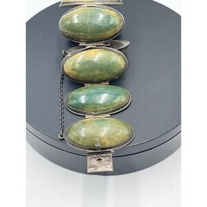 Vintage Mexico Silver Serpentine Cabochon Domed Safety Chain Bracelet 125 gm